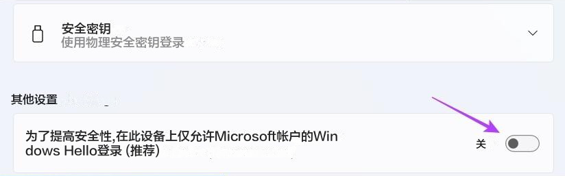 关闭 "仅允许 Windows Hello 登录 "开关