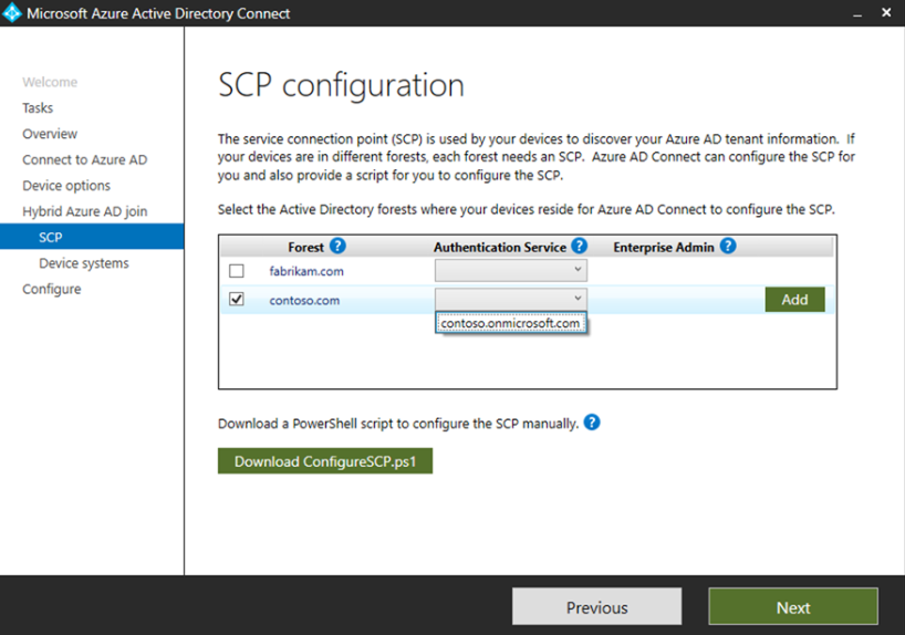 Microsoft Entra Connect SCP 配置管理域
