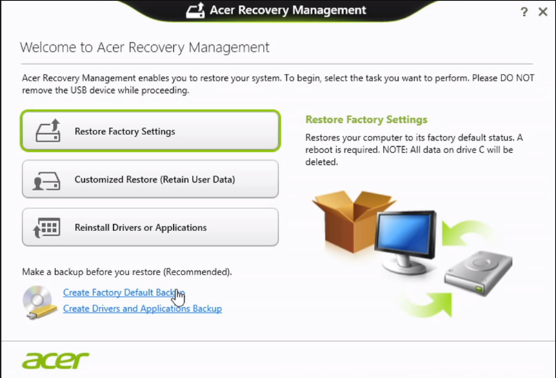 Acer eRecovery 管理菜单