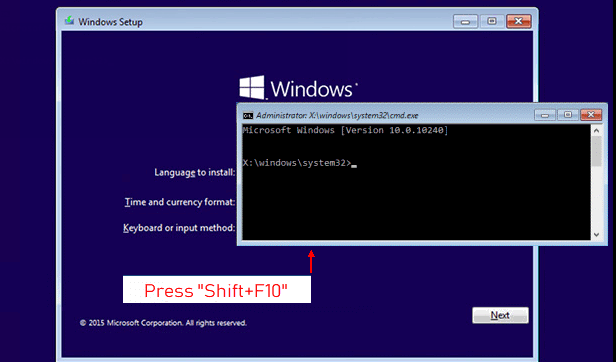 安装 Windows 时 shift + f10