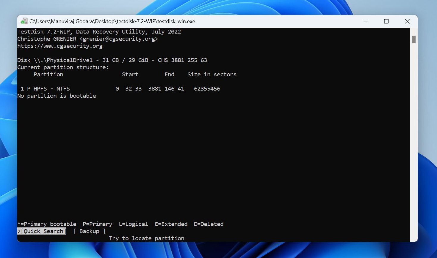 TestDisk 显示带有快速搜索选项的分区。