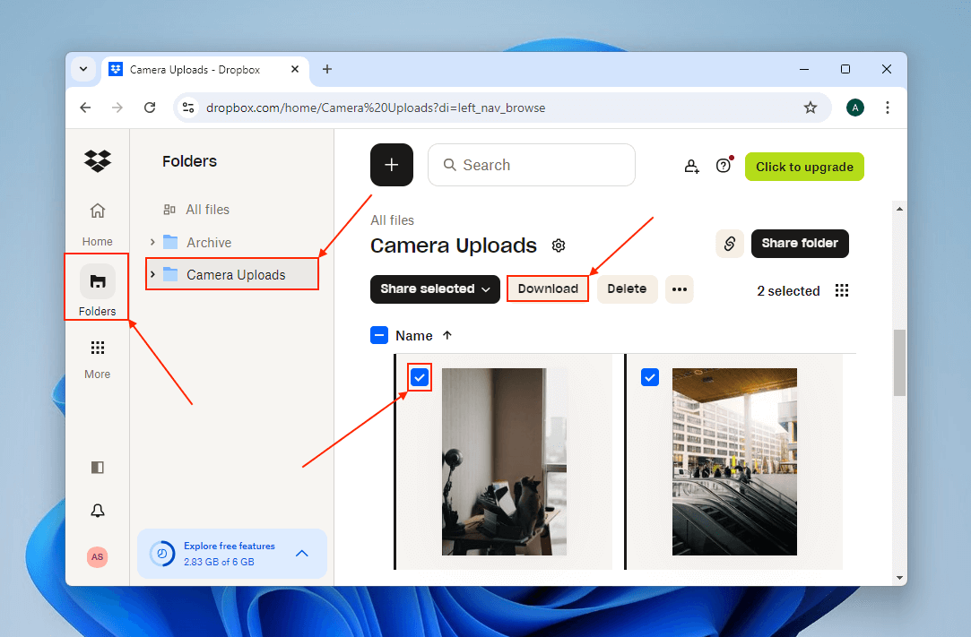 Dropbox 中的下载按钮