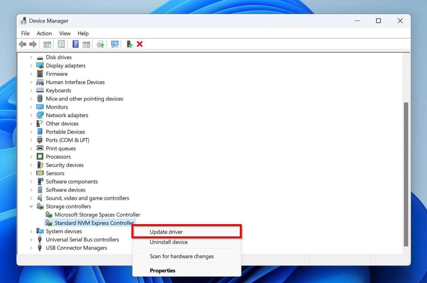 显示存储控制器上下文菜单的 Windows 设备管理器截图。