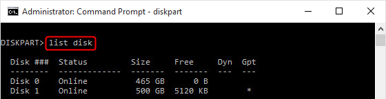 在 diskpart 中键入 list disk 以初始化磁盘
