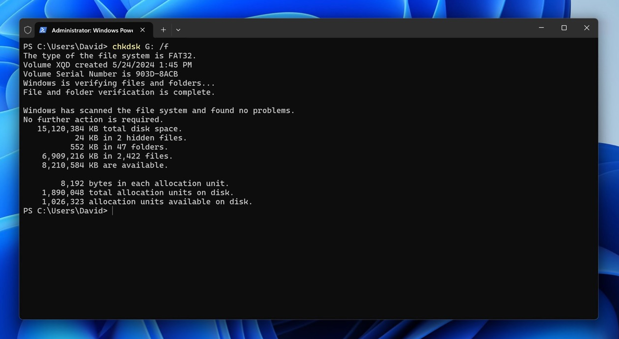 窗口终端 chkdsk xqd