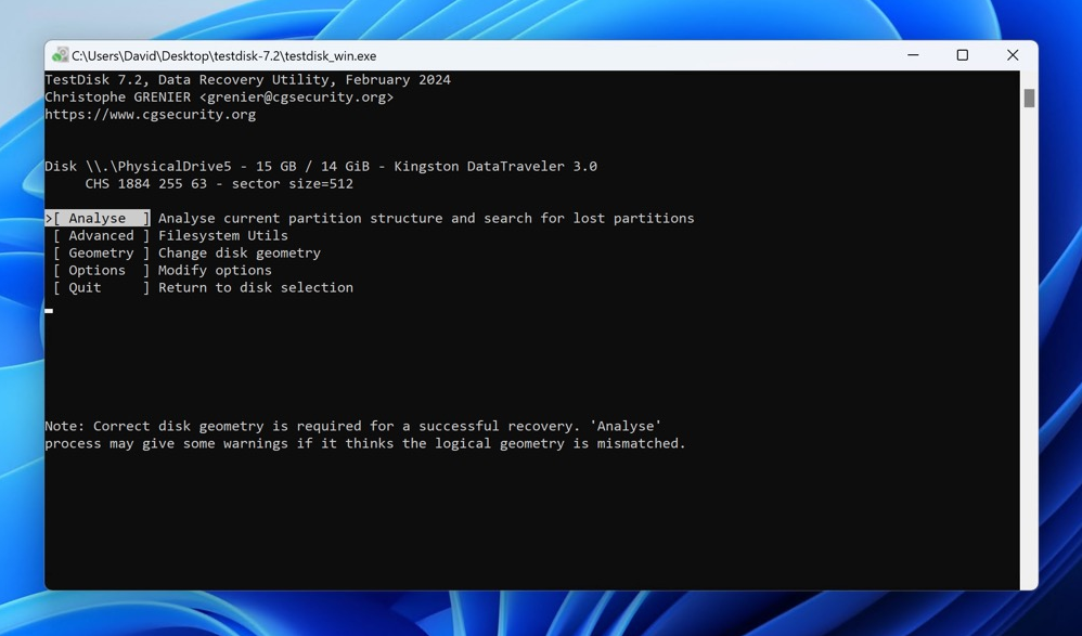 testdisk USB 驱动器分析选项 Windows 11