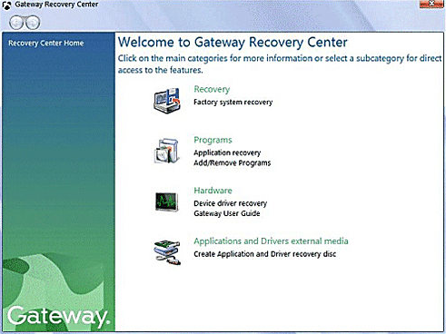 用于恢复Gateway笔记本出厂设置的Gateway恢复中心