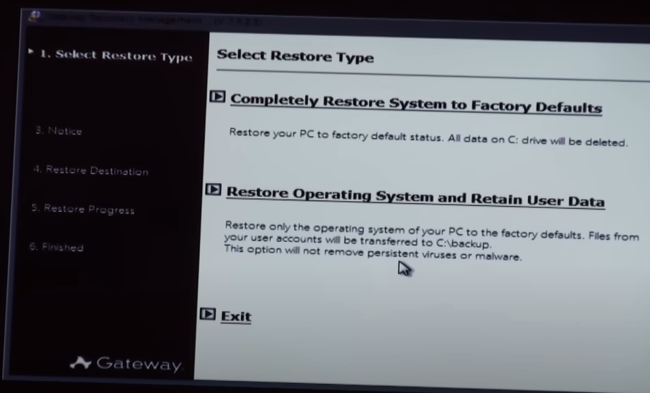 用于Gateway笔记本的“将系统完全恢复至出厂默认设置”选项