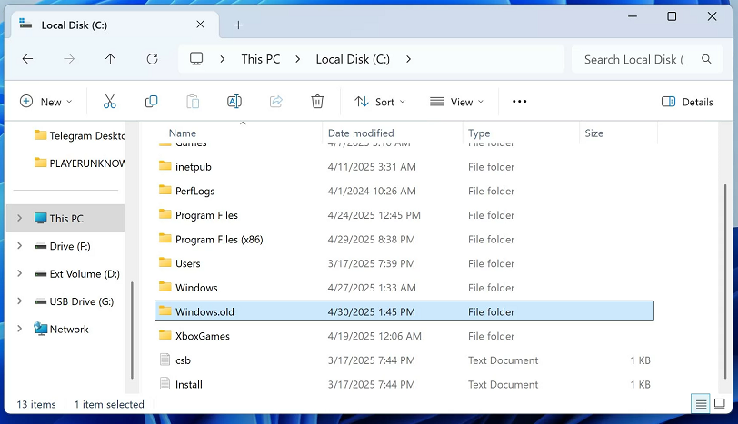 Windows 11中的windows.old文件夹位置