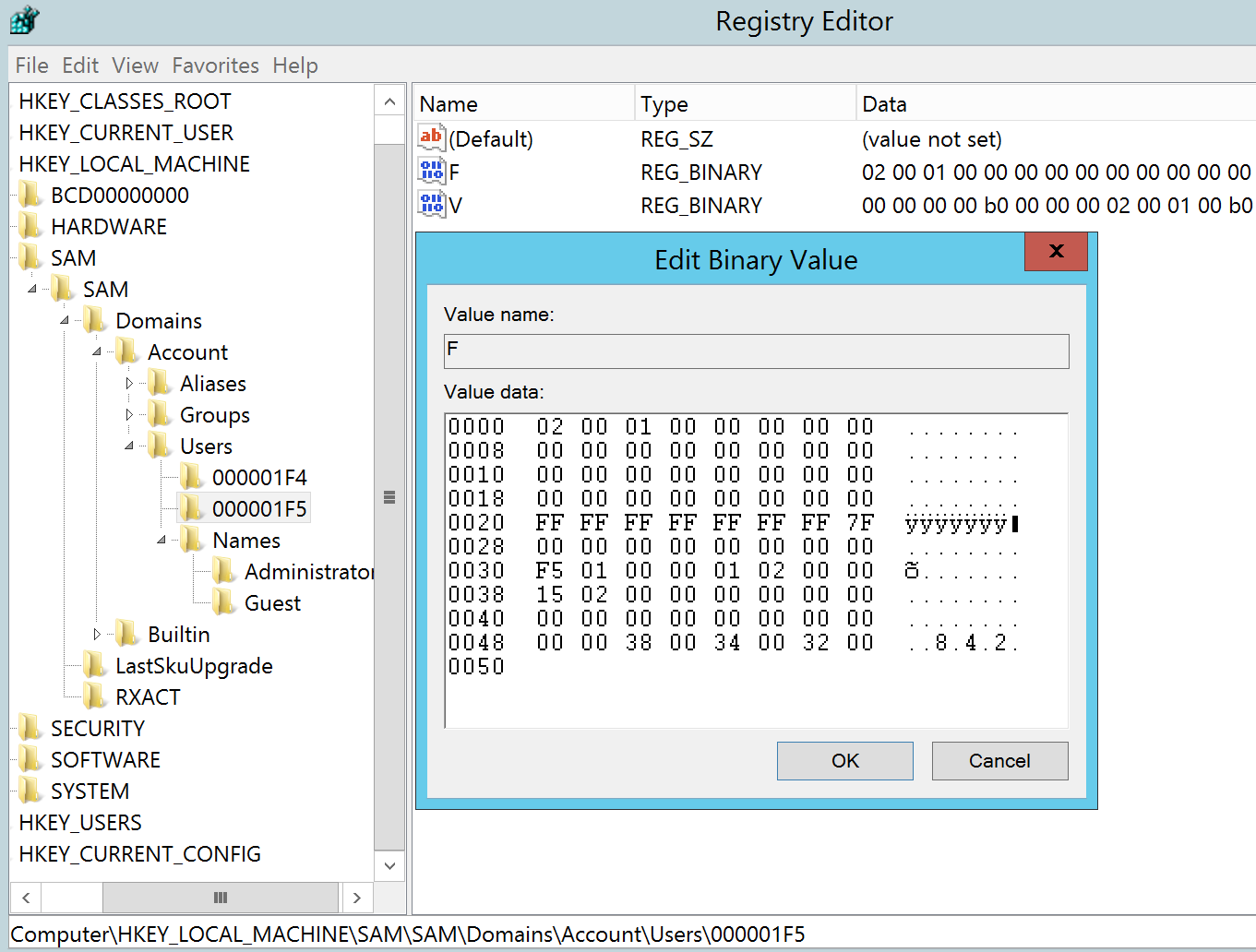 注册表路径 HKEY_LOCAL_MACHINE\SAM\SAM\Domains\Account\Users