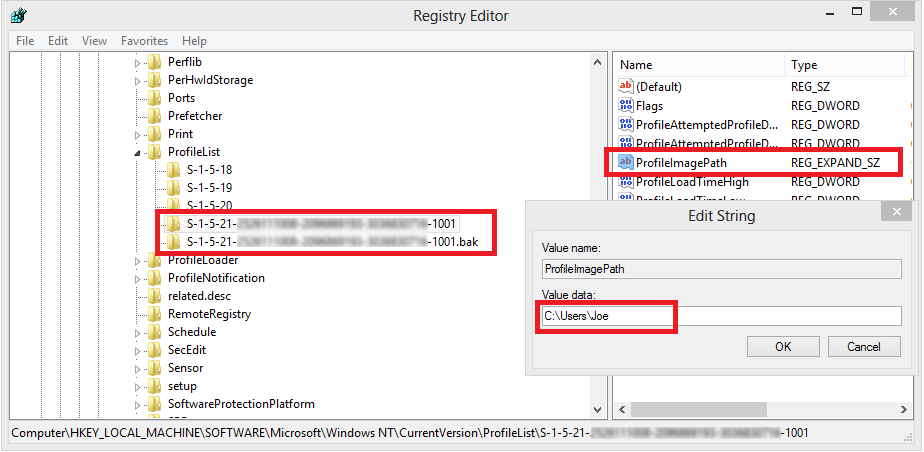 注册表编辑器ProfileList项界面