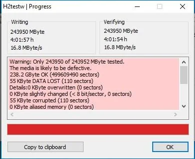 H2testw检测到缺陷