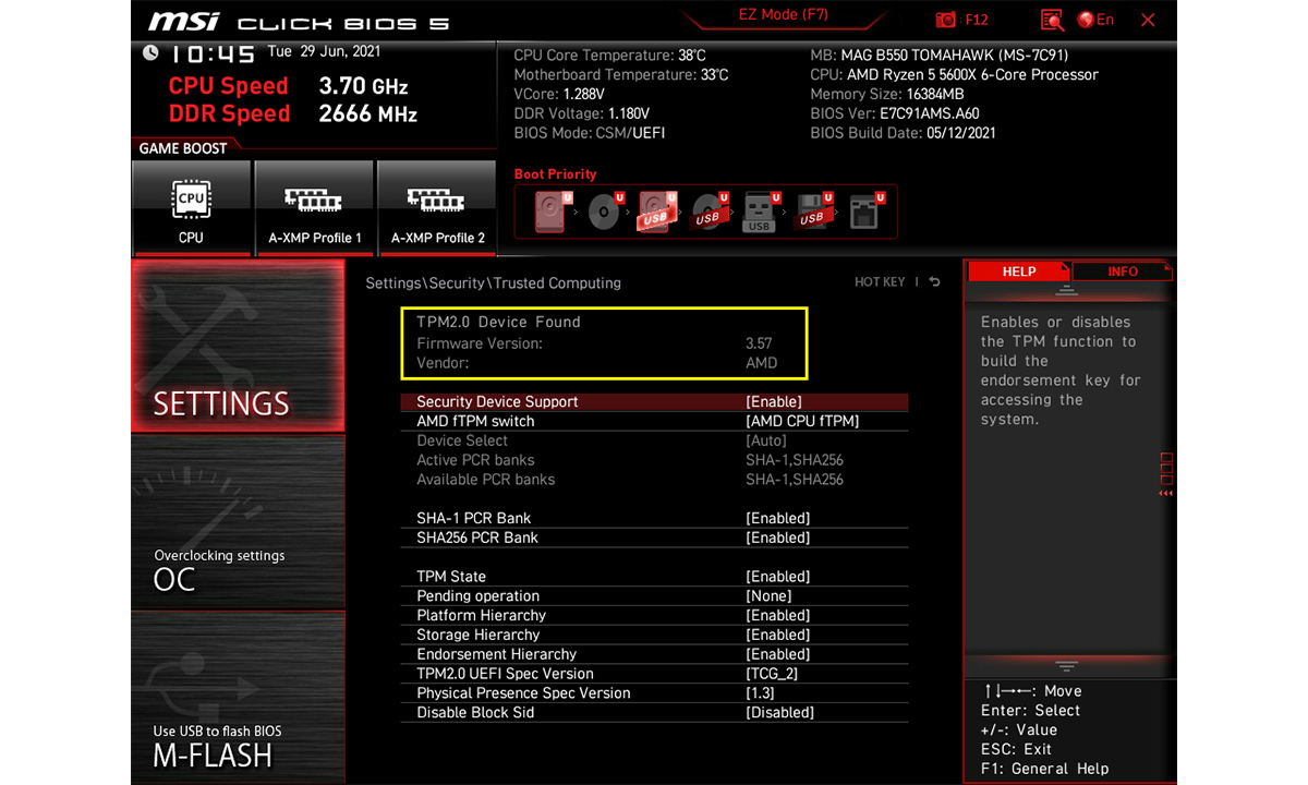 BIOS 中的 TPM 状态设置