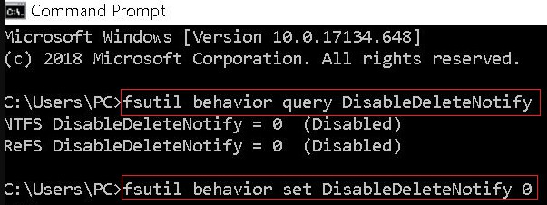 fsutil behavior query DisableDeleteNotify