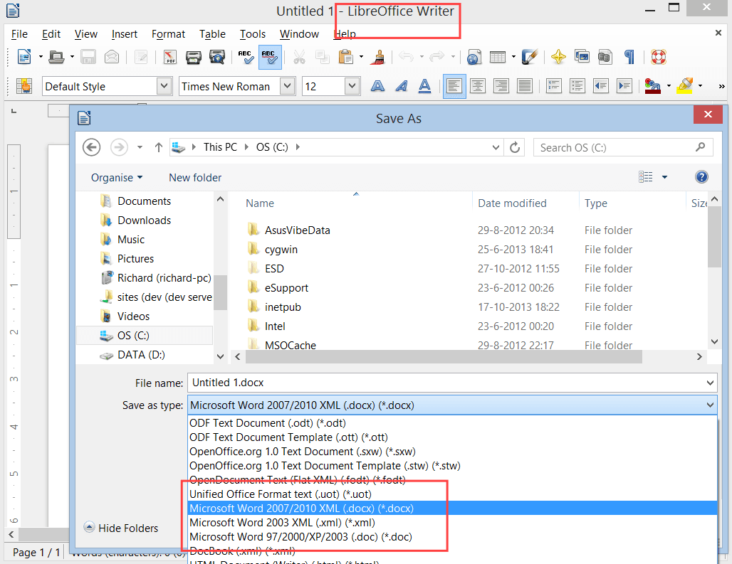 在LibreOffice Writer中另存为docx