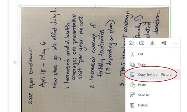 OneNote从图片复制文本