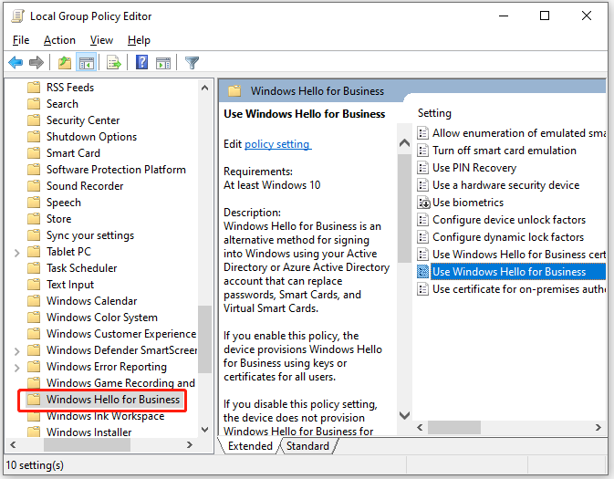 导航至Windows Hello for Business策略