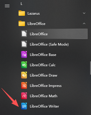 在 Windows 开始菜单中选择 LibreOffice Writer
