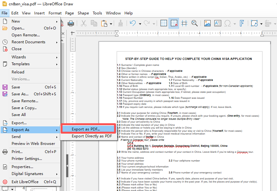 libreoffice draw 导出 pdf