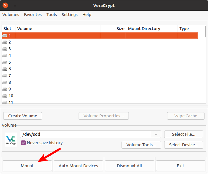 挂载 VeraCrypt 加密的 U 盘
