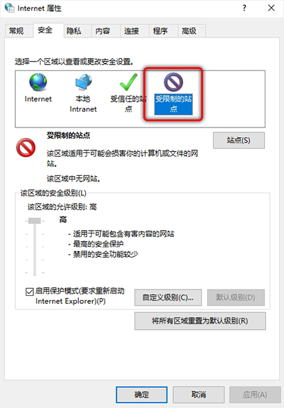 点击位于“安全”选项卡下面的“受限制的站点”的选项