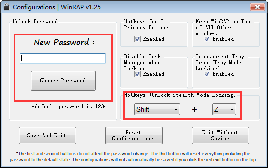 点击“Change Password”，并设置从隐藏模式唤醒的快捷键