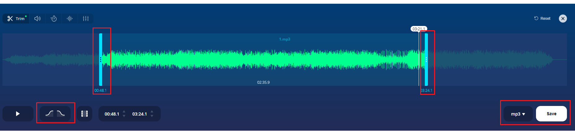 在Online MP3 Cutter编辑音频