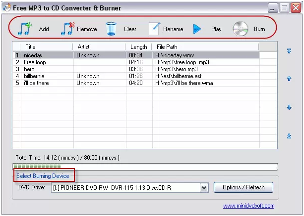 Free MP3 to CD Converter &Burner软件操作界面