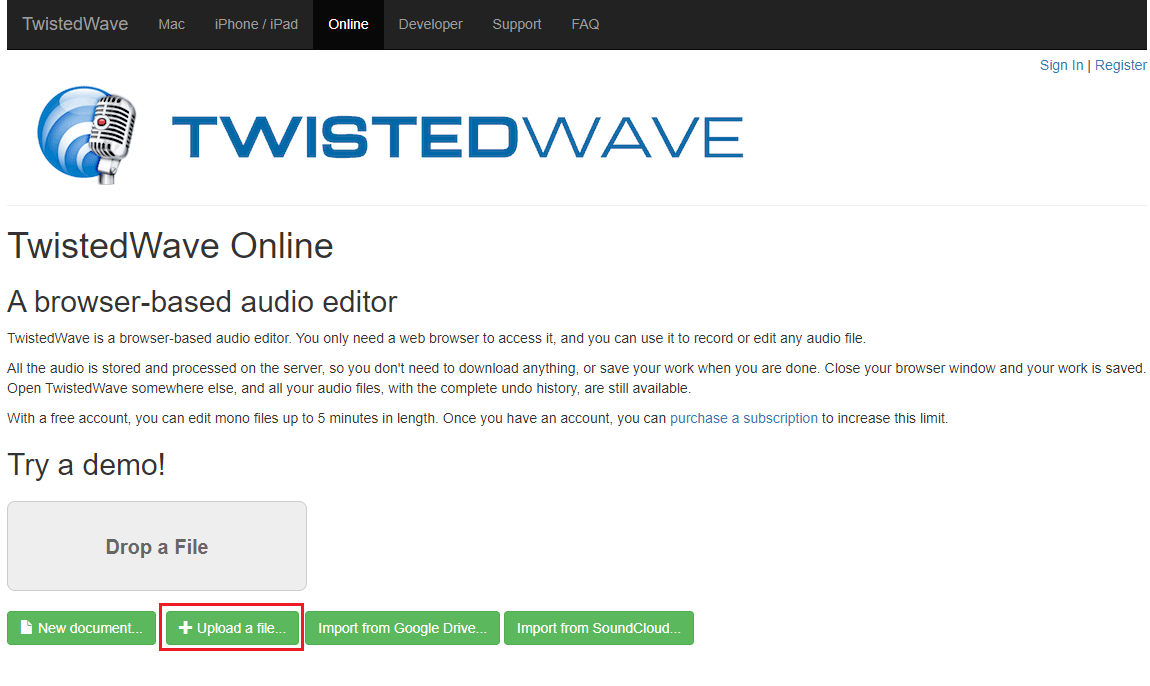 在TwistedWave Online上传文件