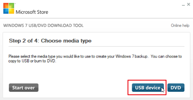 Windows USB/DVD Download Tool选择媒体类型