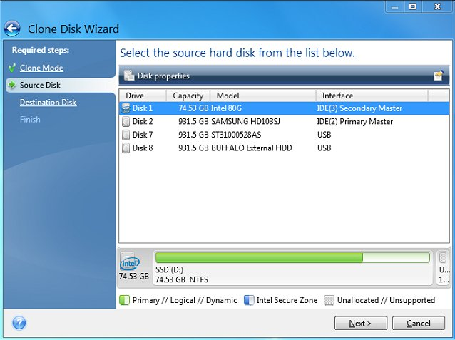 Intel SSD Data Migration Software操作界面