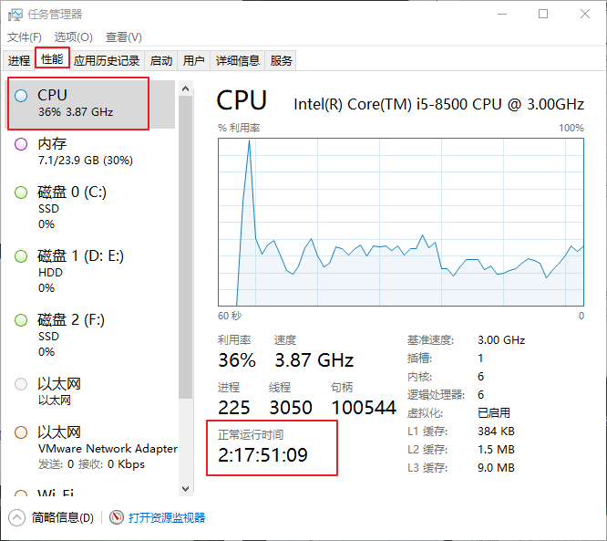 任务管理器CPU正常运行时间