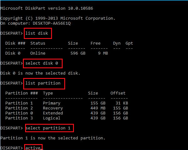 diskpart 设置活动分区