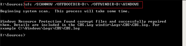 sfc /scannow /offbootdir=D: /offwindir=D:windows