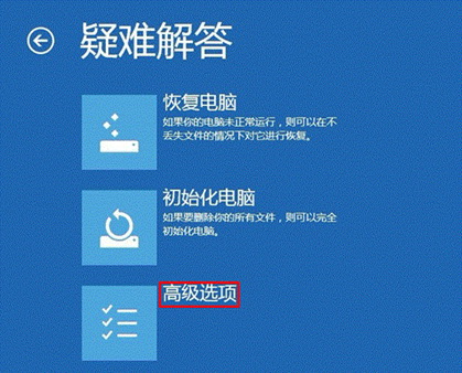单击 “疑难解答” 选项,然后选择 “高级选项”