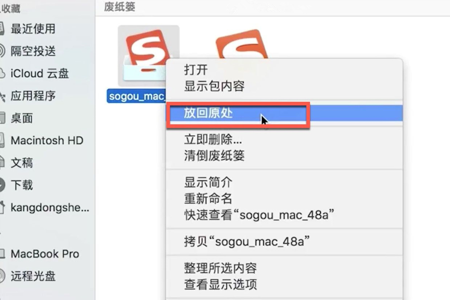 选择文件后,双击(或右键单击)它们,然后从下拉菜单中选择“ 放回原处 ”
