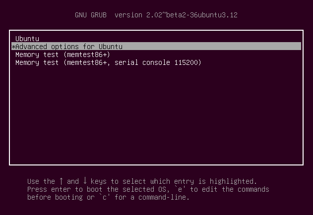 使用箭头键导航至“ Advanced options for Ubuntu ”，然后进入“ Recovery mode ”