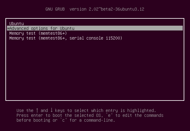 使用箭头键导航至“ Advanced options for Ubuntu ”,然后进入“ Recovery mode ”