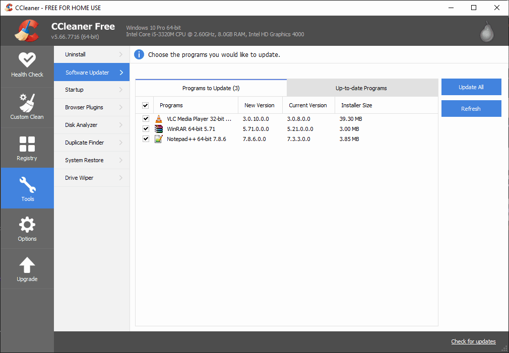 使用ccleaner free程序“ 磁盘清理 ”