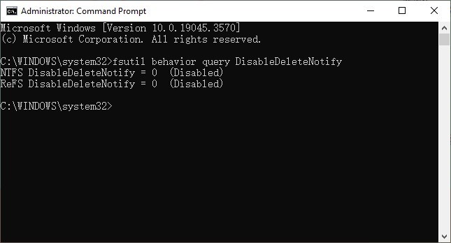 输入fsutil behavior query DisableDeleteNotify命令,激活 TRIM