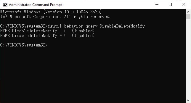 输入fsutil behavior query DisableDeleteNotify命令，激活 TRIM