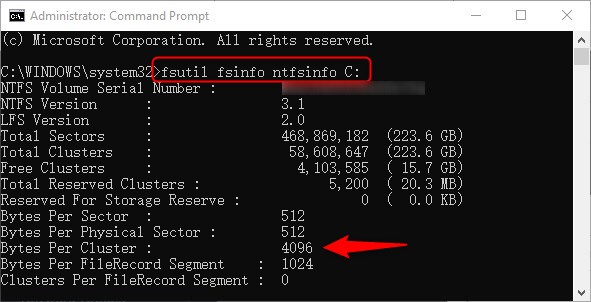使用命令提示符并输入“ fsutil fsinfo ntfsinfo C: