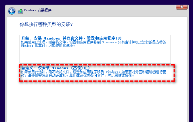 Windows安装界面中的“自定义：仅安装Windows”